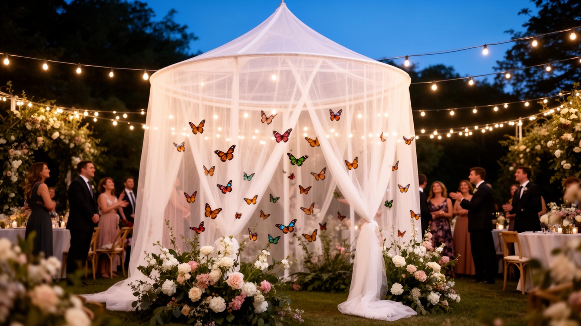 Elegant white gauze butterfly enclosure with string lights at twilight