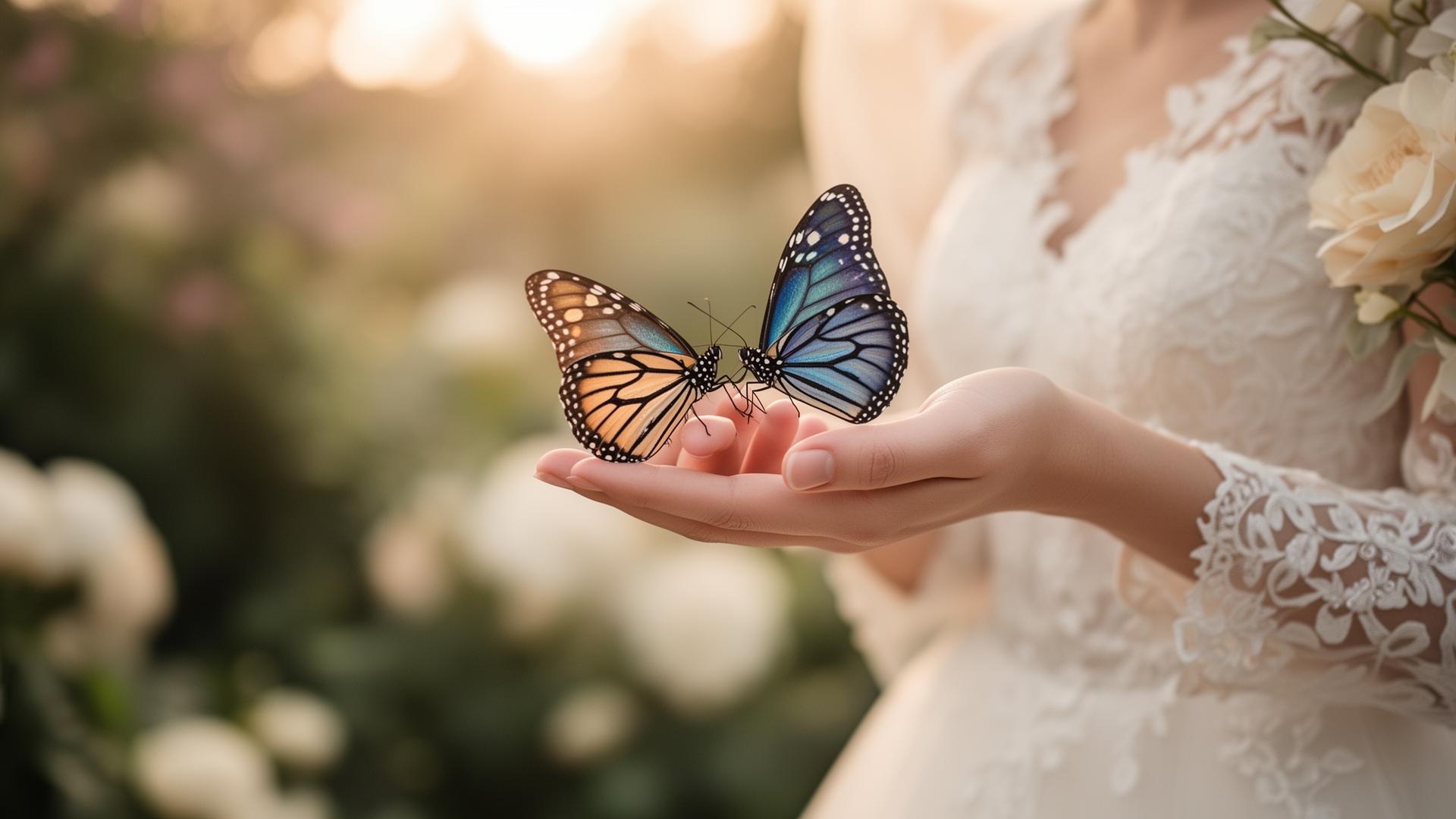 Bride holding two butterflies on her fingertips at golden hour